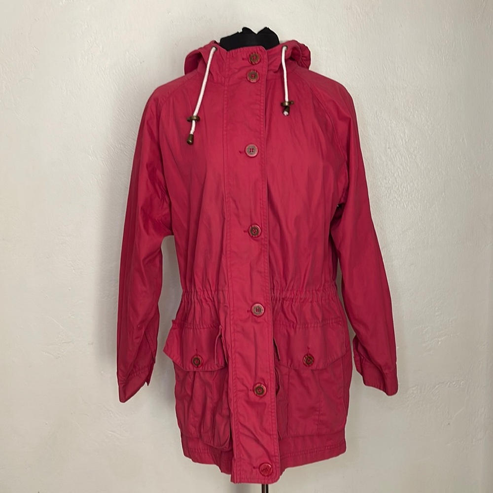Woolrich Womens Sz Small Long Pink Hooded Coat Jacket Zip Up & Button Up Pockets